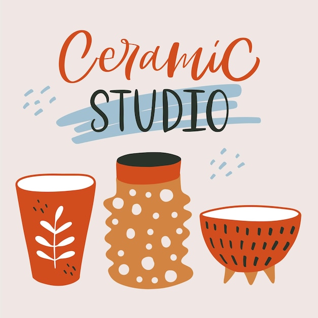 Ilustración de caligrafía lema de estudio de cerámica con pincelada azul estilo retro icono de tres tazas de cerámica imprimir para cerámica hobby vajilla artesanía decoración del hogar