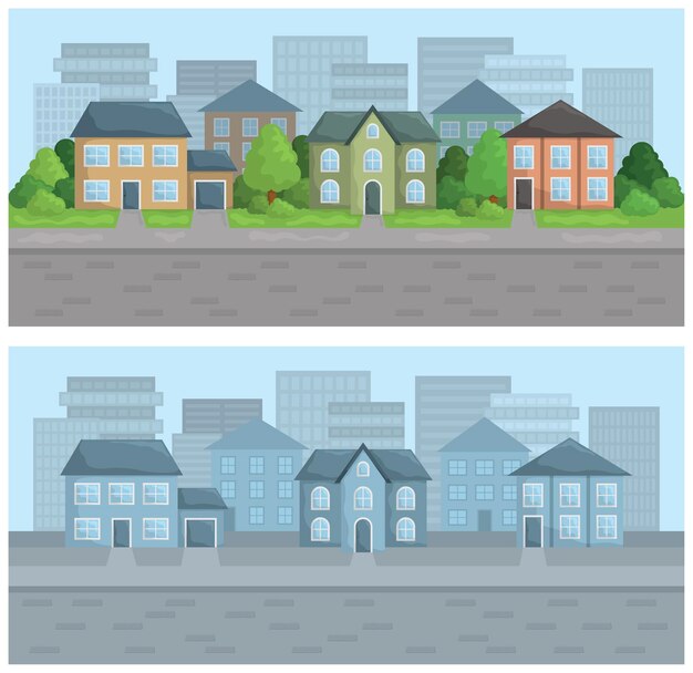Vector ilustración de la calle de la ciudad en el distrito residencial 2 versiones en color vida urbana de la ciudad