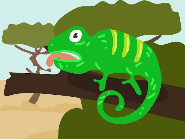 Ilustración de un camaleón de dibujos animados en el desierto de safari Savannah con camaleones divertidos Camaleón