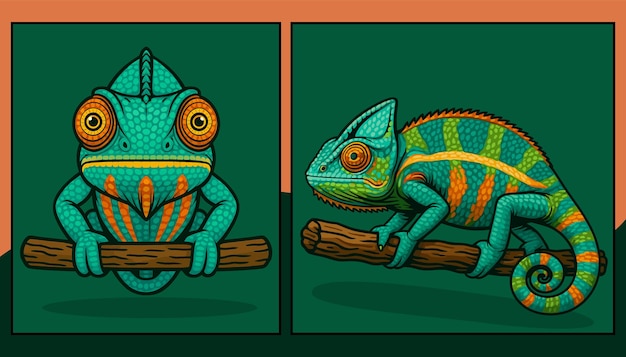 Ilustración de camaleón en una rama en dos puntos de vista