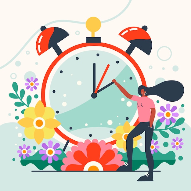 Ilustración de cambio de hora de primavera con mujer y reloj