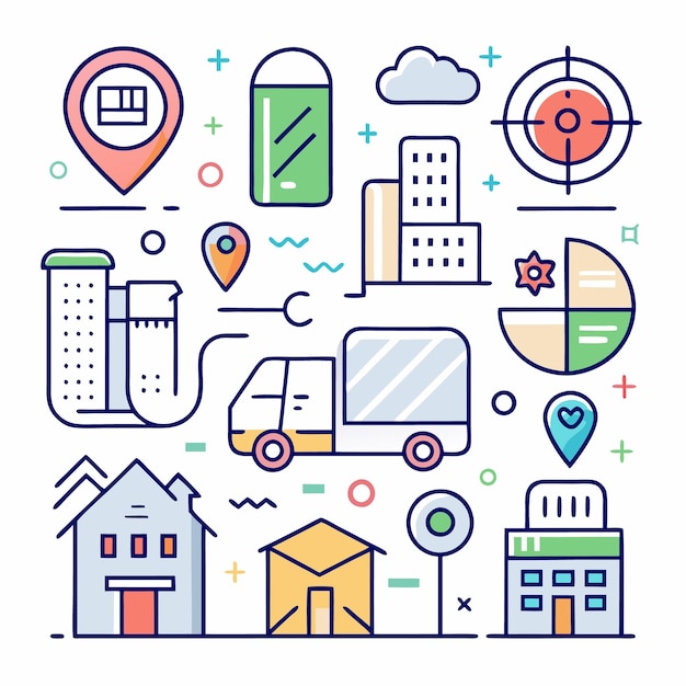 Ilustración de un camión de entrega con ubicaciones de alfileres para edificios en una ciudad