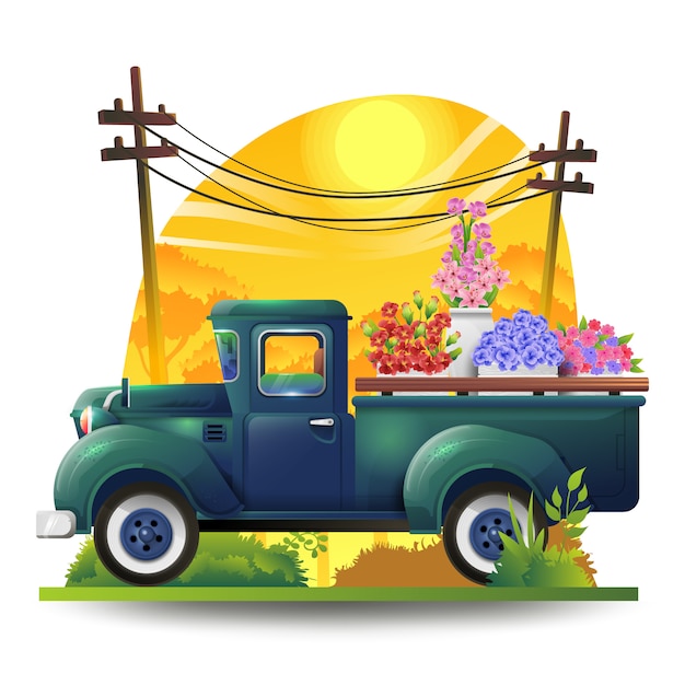 Vector ilustración del camión de flores en primavera