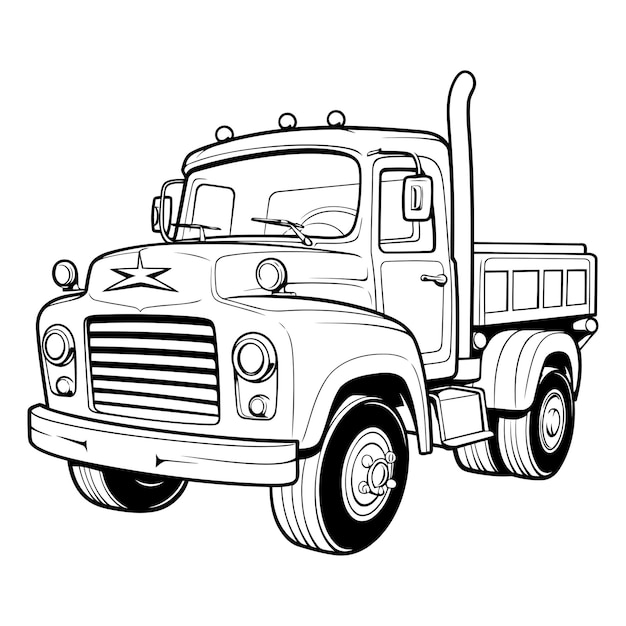 Ilustración de una camioneta en blanco y negro al estilo de dibujos animados