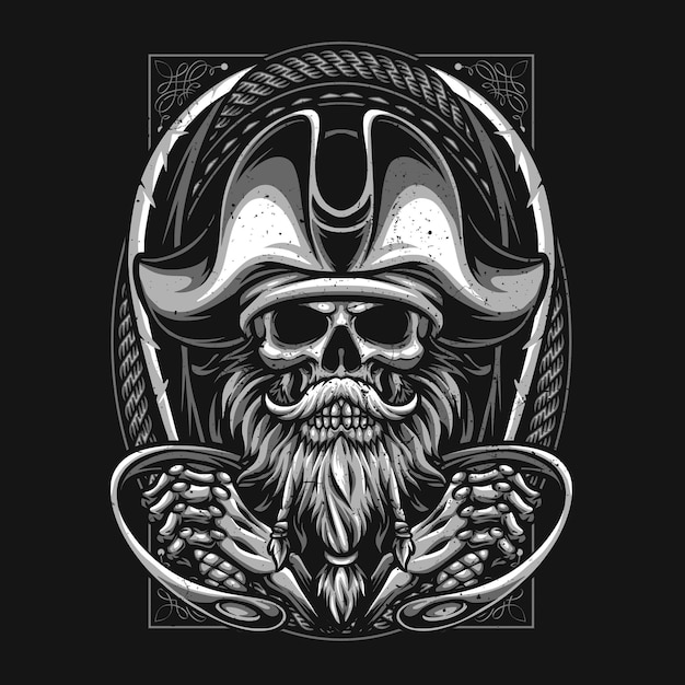 Ilustración de camiseta de piratas de barba de calavera