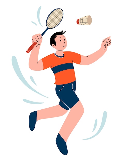 Vector ilustración del campeonato de bádminton un jugador de báddminton saltando un personaje de golpe para el deporte