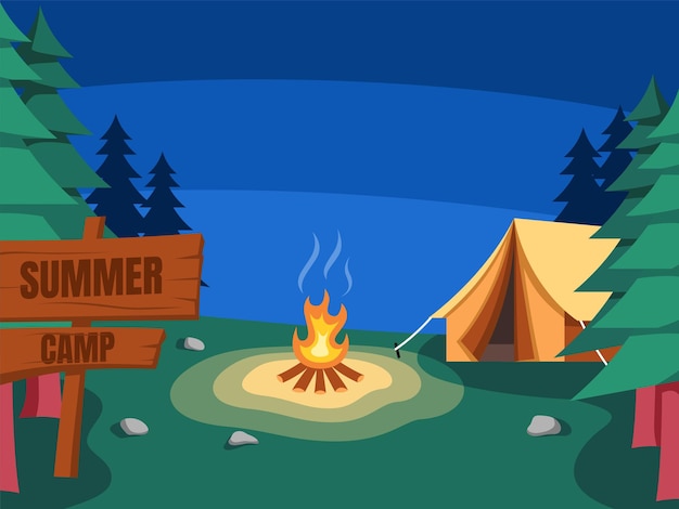 Ilustración de camping y carpa con fogata en la noche en el fondo del concepto forestal.