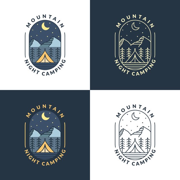 ilustración de camping nocturno de montaña estilo monolínea o arte lineal