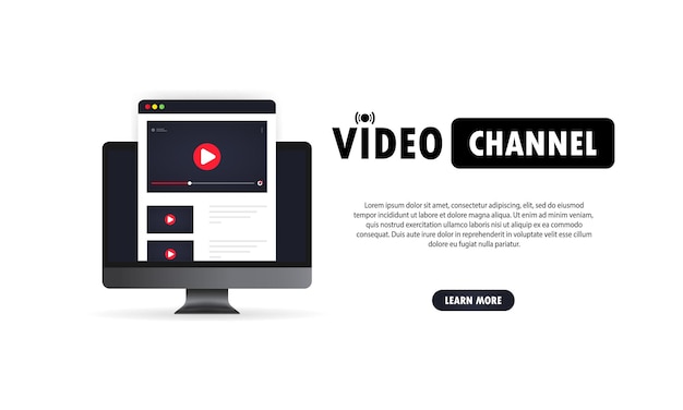 Ilustración del canal de video. Ver vlogs, seminarios web, conferencias, lecciones o capacitaciones en línea en la computadora. Vector sobre fondo blanco aislado. EPS 10.