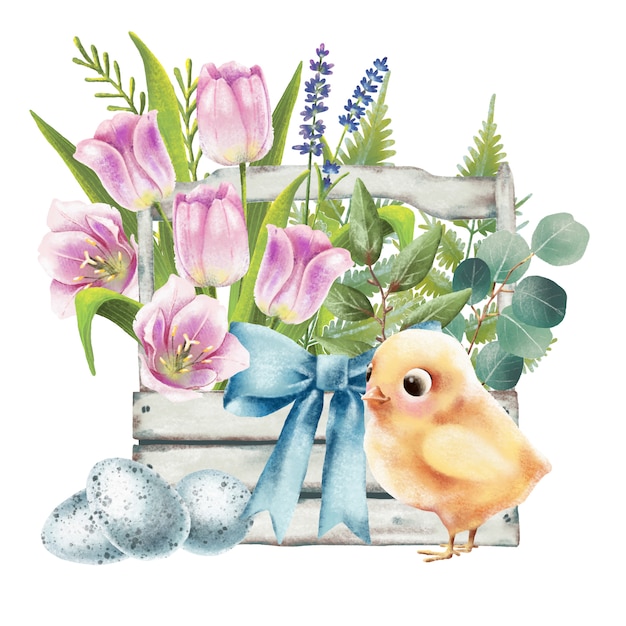 Ilustración de canasta de pascua con pollo y tulipanes