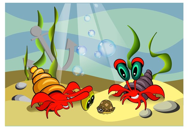 Vector ilustración de cangrejos en el fondo del mar, en la arena con conchas