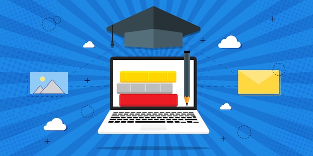 Ilustración de capacitación, capacitación en línea, lecciones en línea, concepto de educación. Libros sobre fondo azul, estilo retro, arte pop.