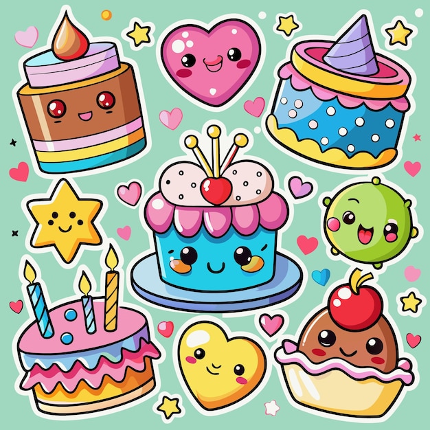 Una ilustración caprichosa de varios dulces de dibujos animados corazones y estrellas todos con caras felices