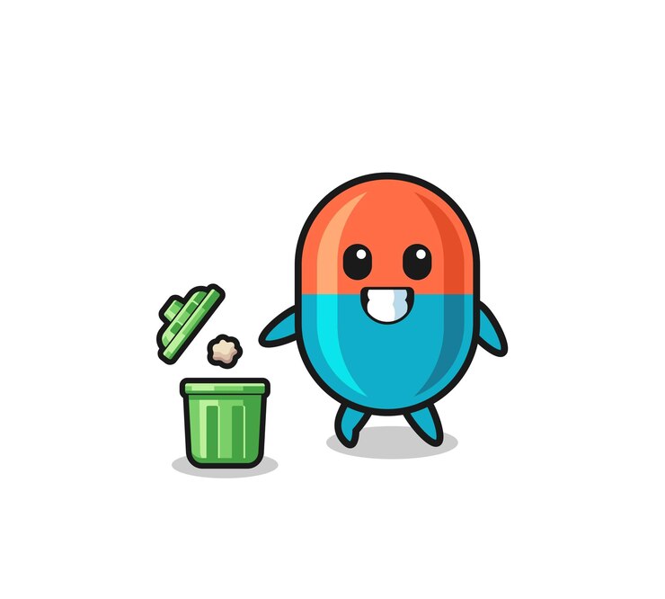 Vector ilustración de la cápsula tirando basura en el bote de basura