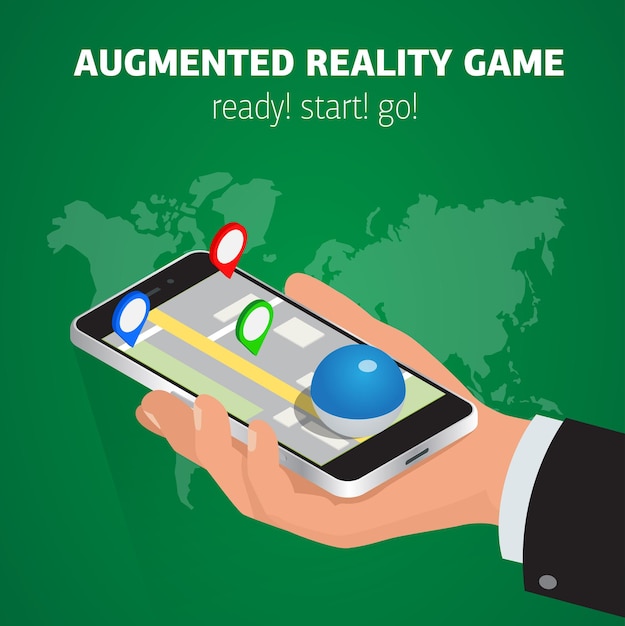 Ilustración de captura de juego móvil isométrica plana. Mano humana sostenga el teléfono inteligente. Concepto de isometría 3d del juego MMOG virtual.