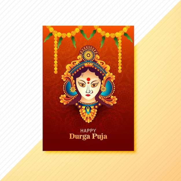 Vector ilustración de la cara de la diosa durga en el diseño del folleto happy durga puja