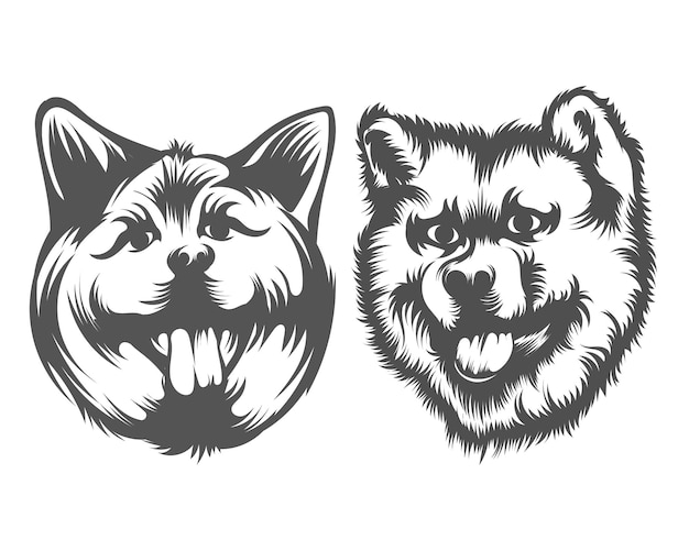 Ilustración de cara de perro Akita, silueta de cara de perro en blanco y negro