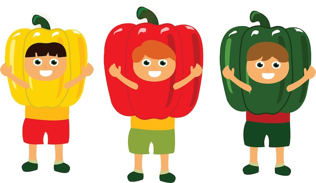 Ilustración de caras divertidas capsicum con pimientos amarillos rojos y verdes