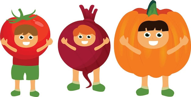 Ilustración de caras divertidas y felices de cebolla de tomate y calabaza