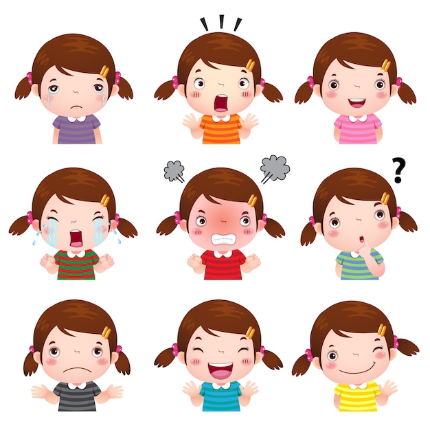 Ilustración de caras de niña linda que muestran diferentes emociones