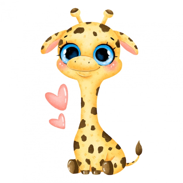 Ilustración de una caricatura bebé jirafa con grandes ojos y corazones aislados