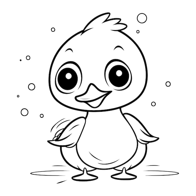 Ilustración caricatura en blanco y negro de cute little duck animal character coloring book