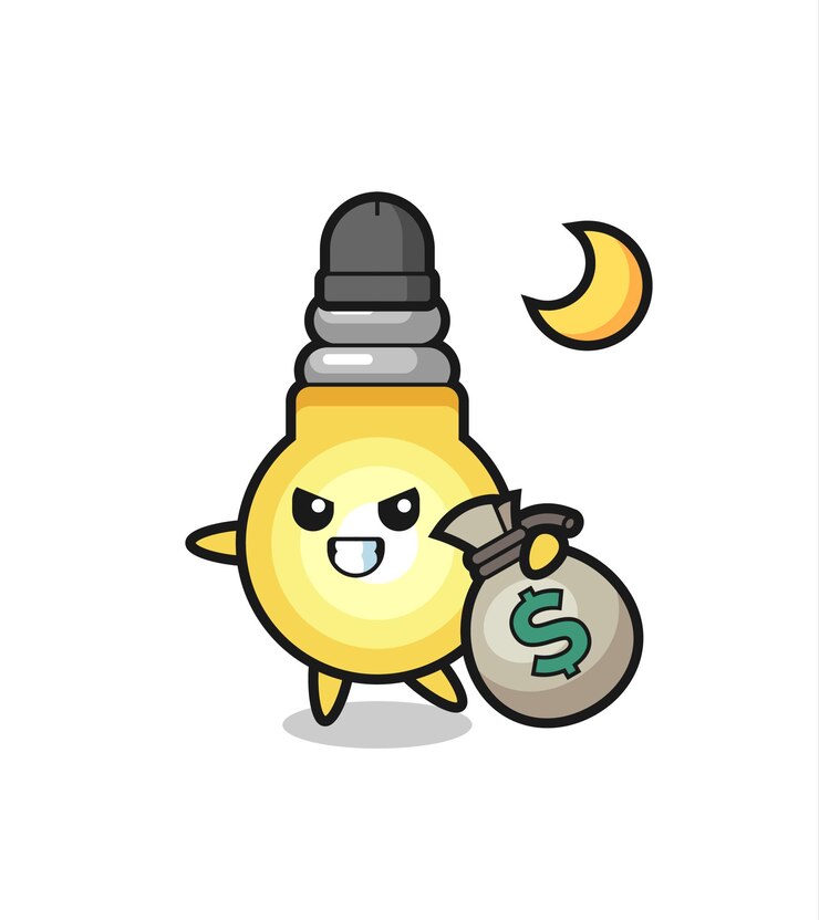 Vector la ilustración de la caricatura de la bombilla es robada el dinero, diseño de estilo lindo para camiseta, pegatina, elemento de logotipo
