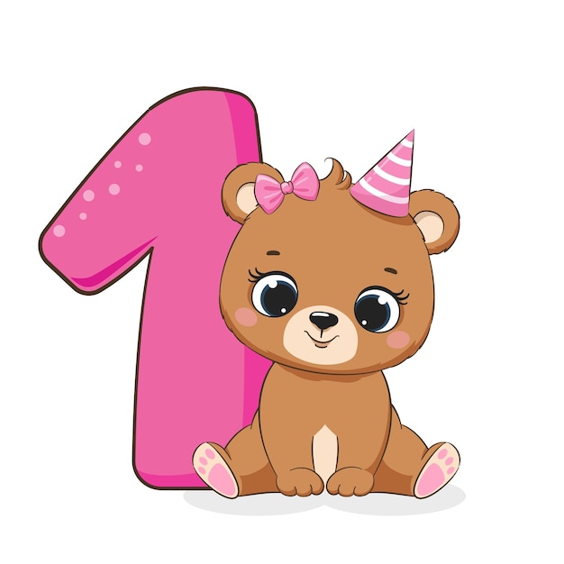 Una ilustración de la caricatura Feliz cumpleaños 1 año de edad una linda niña de oso Ilustración vectorial