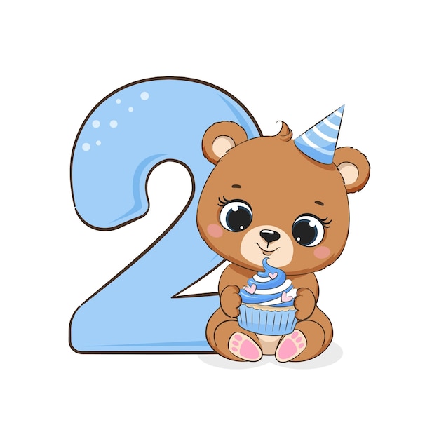 Vector una ilustración de la caricatura feliz cumpleaños 2 años un lindo niño oso