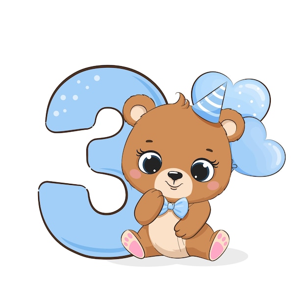 Una ilustración de la caricatura Feliz cumpleaños 3 años un lindo osito niño Ilustración vectorial