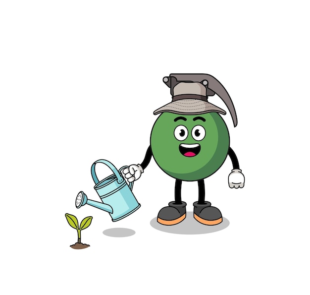 Ilustración de caricatura de granada regando la planta