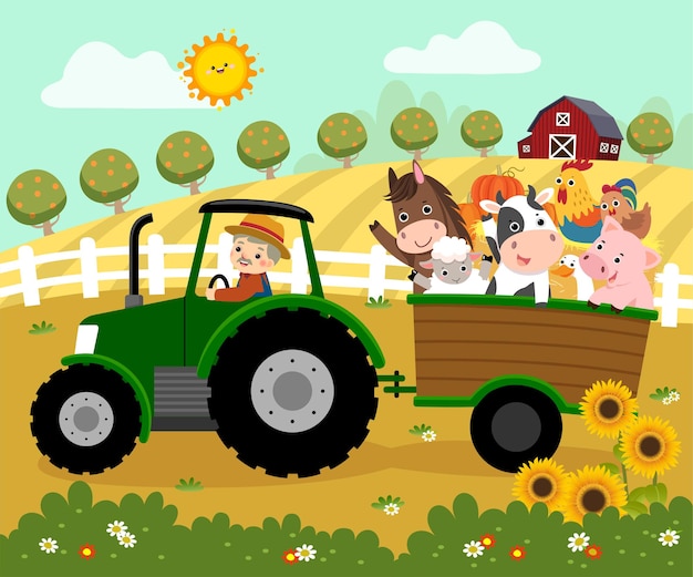 Vector ilustración caricatura de un granjero anciano feliz que conduce un tractor con un remolque que transporta animales de granja en la granja.