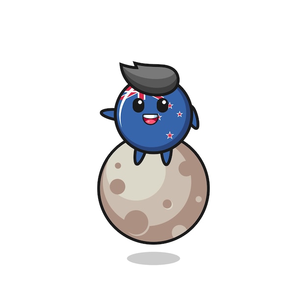 Ilustración de la caricatura de la insignia de la bandera de nueva zelanda sentada en la luna, diseño de estilo lindo para camiseta, pegatina, elemento de logotipo