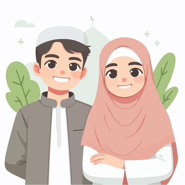 Ilustración de una caricatura islámica de una pareja musulmana feliz