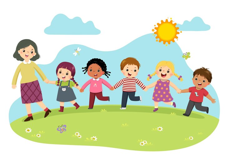 Vector ilustración caricatura de maestra y estudiantes tomados de la mano juntos y caminando en el parque.
