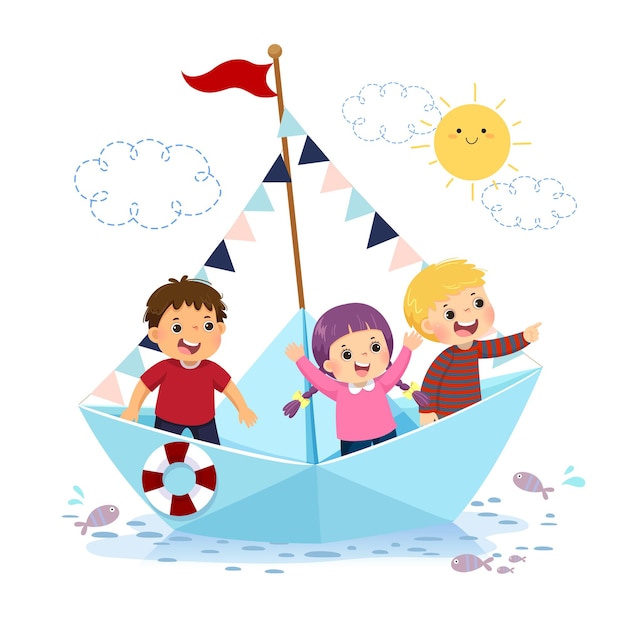 Vector ilustración caricatura de niños felices flotando en un barco de papel en el agua.