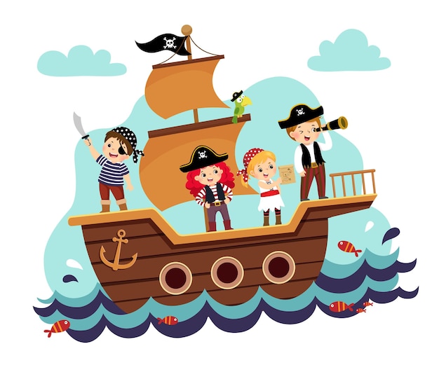 Ilustración caricatura de piratas de niños en el barco en el mar.