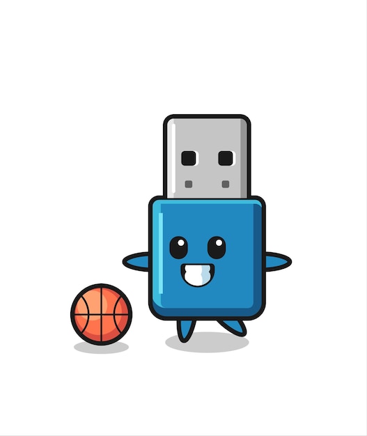 La ilustración de la caricatura usb de la unidad flash está jugando al baloncesto