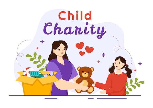 Vector ilustración de caridad infantil de apoyo caritativo a los niños con cajas de donación de juguetes y medicamentos