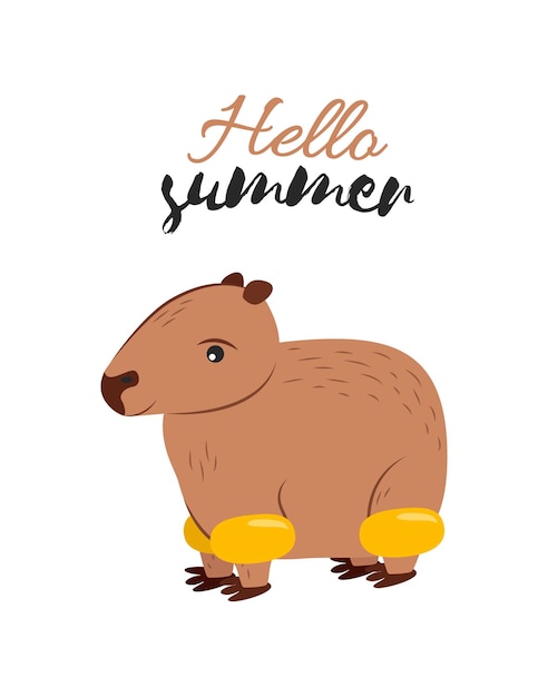 Vector ilustración de carpincho animal con trinquete y letras de hola verano carpincho de personaje impreso con mangas inflables en sus patas y el texto hola verano