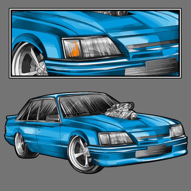 Vector ilustración de carrera de arrastre azul aislada en fondo gris para negocios de diseño gráfico de camiseta de póster