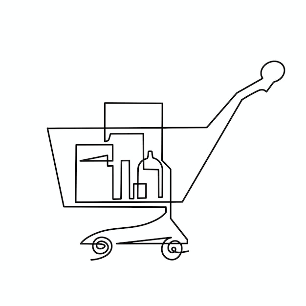 Ilustración de carrito de compras de una línea continua de vector