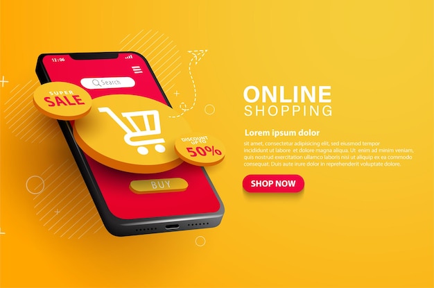 Ilustración de carrito de compras en línea y promoción de ventas.
