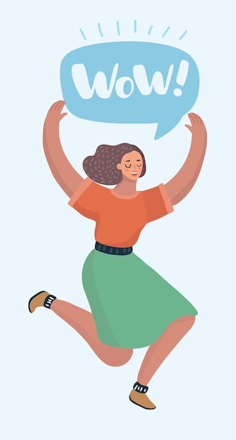 Ilustración de carrtoon vectorial de saltar celebrando el logro del éxito o sorprendido. Bocadillo de diálogo sobre ella. Personaje moderno femenino en fundamento blanco.