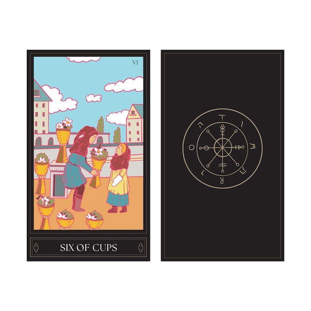 Vector ilustración de la carta del tarot aislada sobre un fondo blanco seis copas