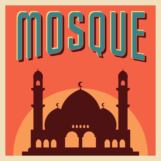 Vector ilustración de cartel de la mezquita en estilo retro