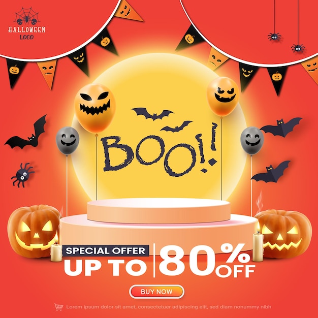 Ilustración de cartel o pancarta de promoción de ventas de Halloween con calabaza de Halloween y globos fantasma