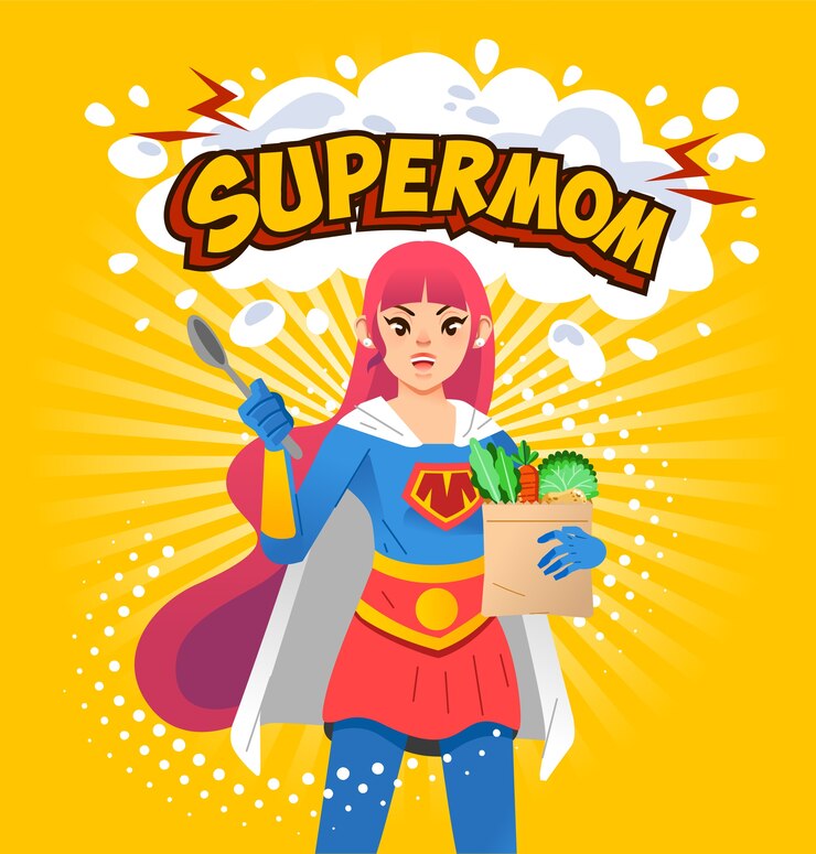 Ilustración de cartel de supermom, joven madre sosteniendo una cuchara y comestibles con la letra de supermom arriba y fondo amarillo. utilizado para carteles, portadas de libros y otros