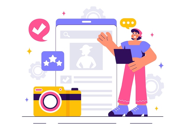 Ilustración de la cartera de modelos con el gerente de la agencia de modelos y el fotógrafo toman fotos de la modelo