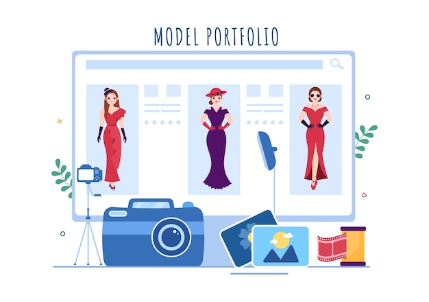 Ilustración de la cartera de modelos con el gerente de la agencia de modelos y el fotógrafo toman fotos de la modelo